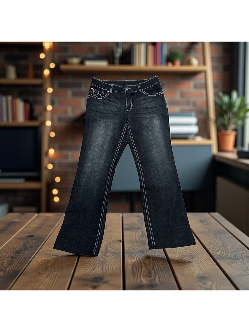 Faded Glory Bootcut Jeans Womens 12 Blue Denim Distressed Embroidered Bling Stud